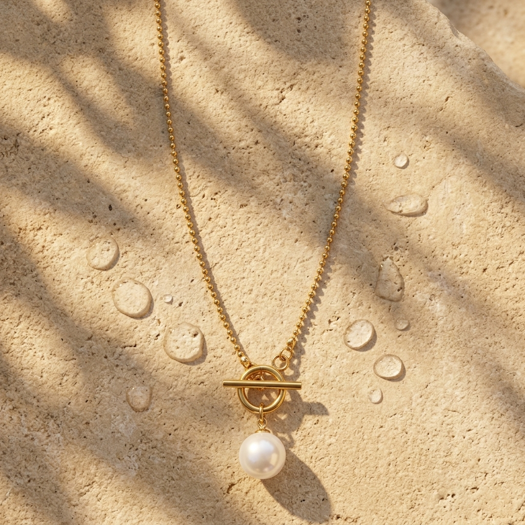 Pearl Toggle Pendant Necklace — toggle clasp, waterproof steel