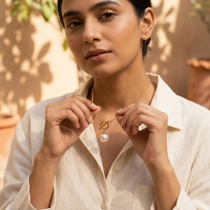 Pearl Toggle Pendant Necklace worn on neck