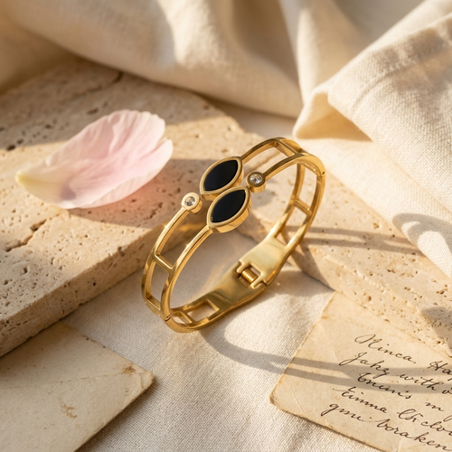 Onyx Marquise Cuff Bangle — waterproof 316L steel