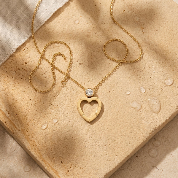 Roman Numeral Heart Pendant Necklace — open heart pendant, waterproof steel