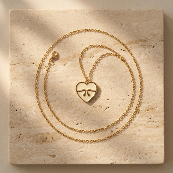 White Enamel Bow Heart Necklace — enamel pendant, waterproof steel
