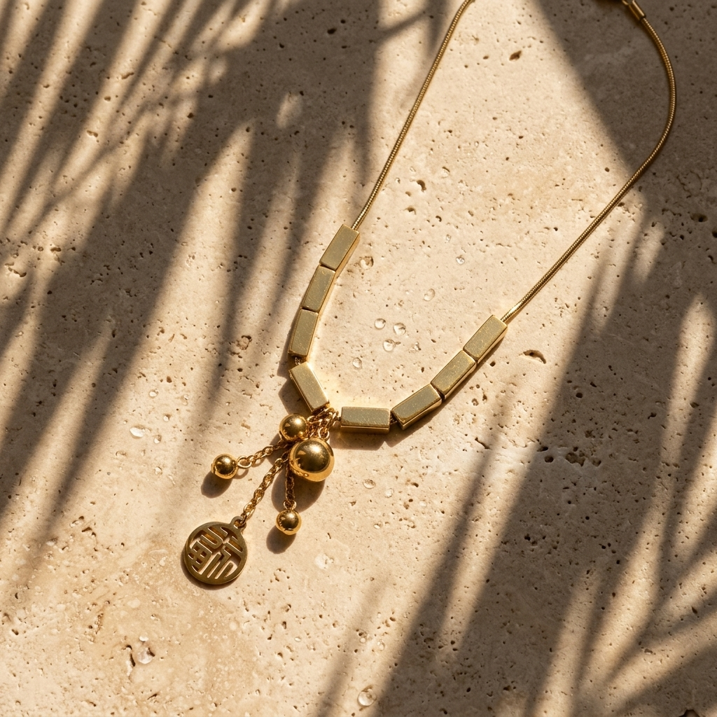 Geometric Bar Link Necklace worn on neck