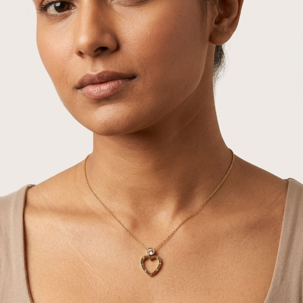 Roman Numeral Heart Pendant Necklace worn on neck
