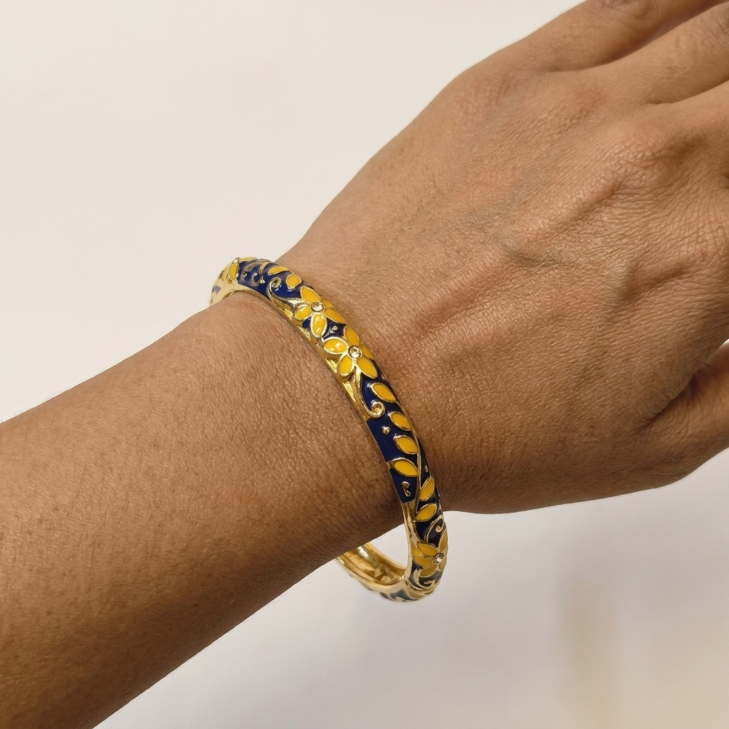Indigo Floral Bangle worn on wrist