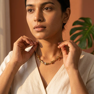 Crystal Rondelle Chain Necklace worn on neck