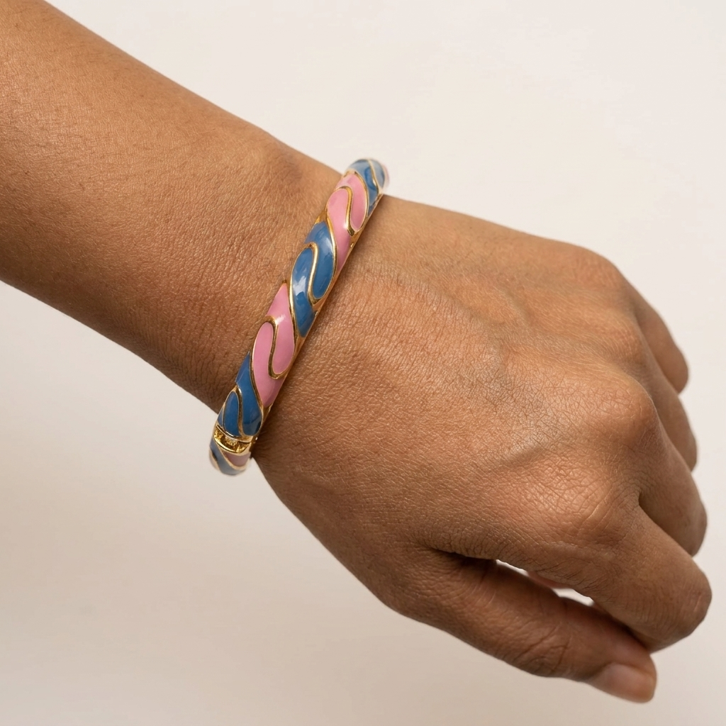 Pink & Teal Wave Bangle worn on wrist