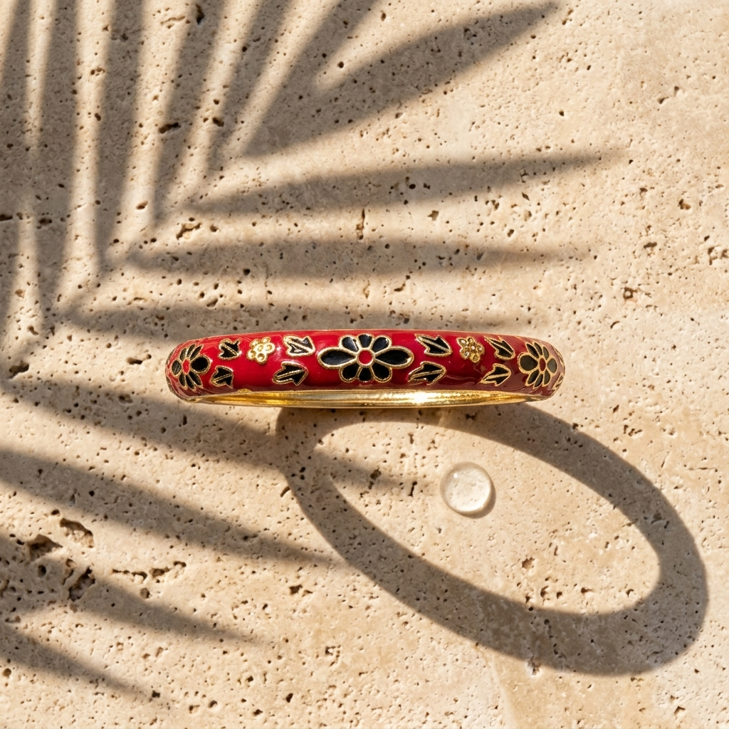 Scarlet Bloom Bangle — enamel bangle, waterproof 316L steel