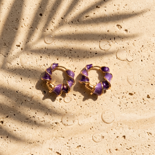 Twisted Petal Hoop Earrings — Violet Twist colorway, waterproof steel