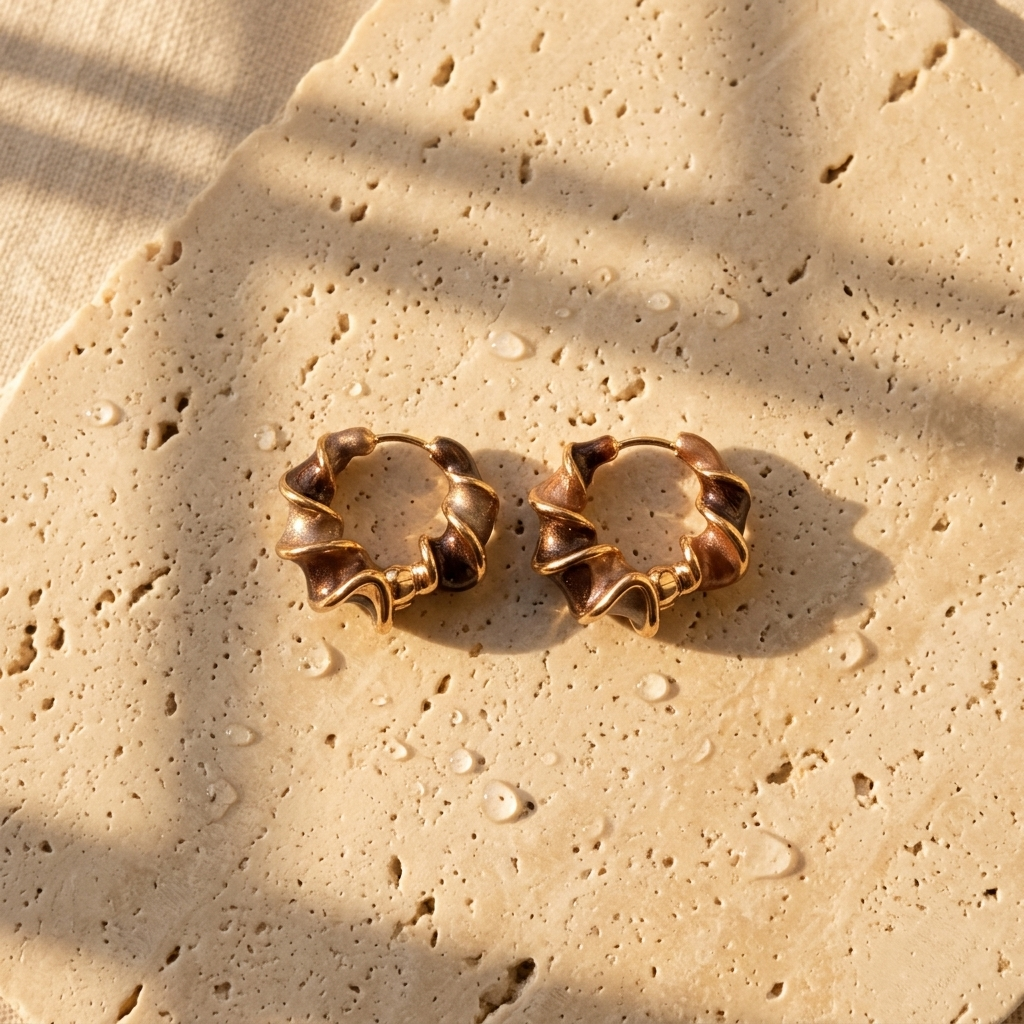 Twisted Petal Hoop Earrings — Bronze Twist colorway, waterproof steel