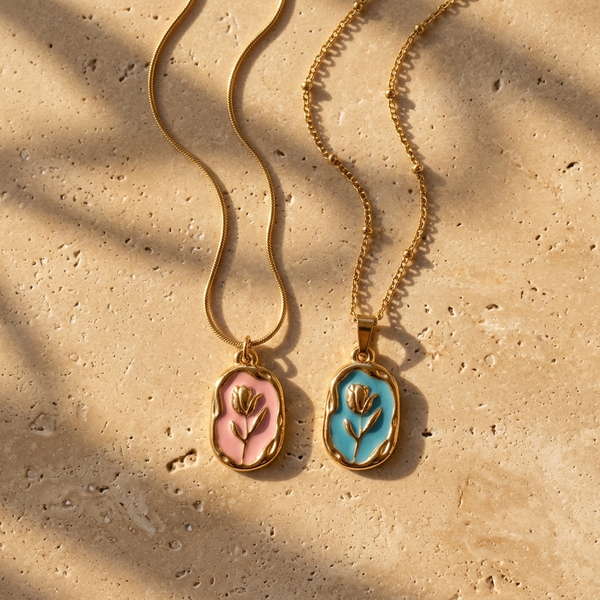 Rose Pendant Necklace — enamel rose pendant, waterproof 316L steel