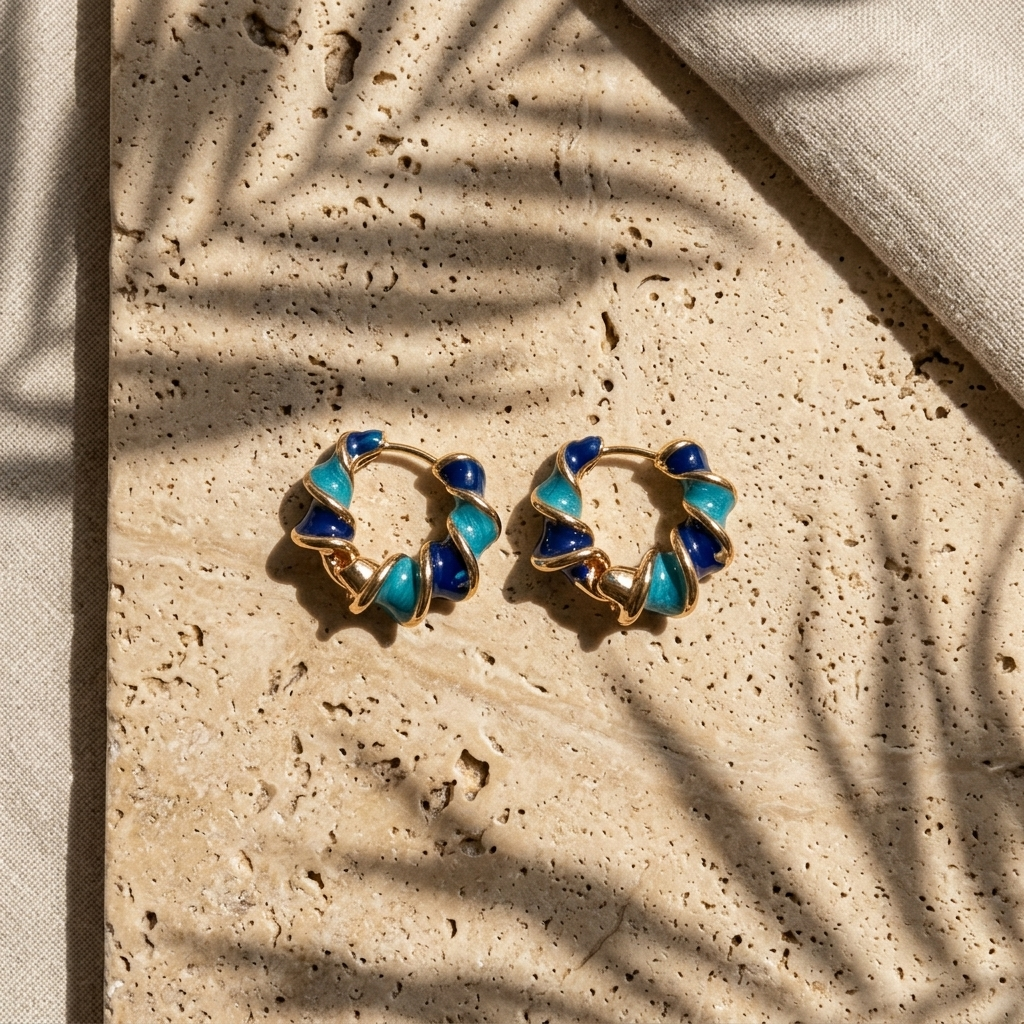 Twisted Petal Hoop Earrings — Lagoon Twist colorway, waterproof steel