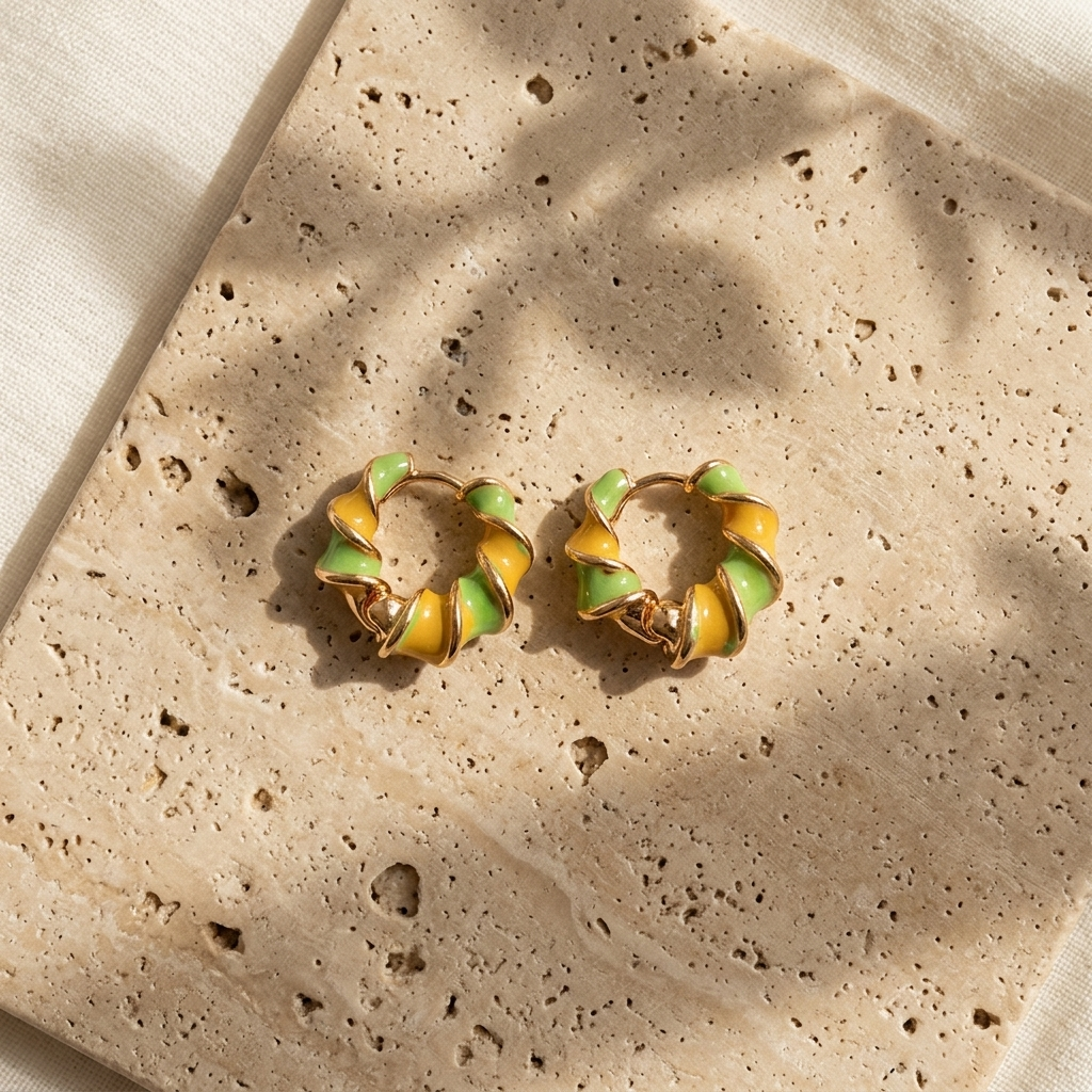 Twisted Petal Hoop Earrings — Citrus Twist colorway, waterproof steel