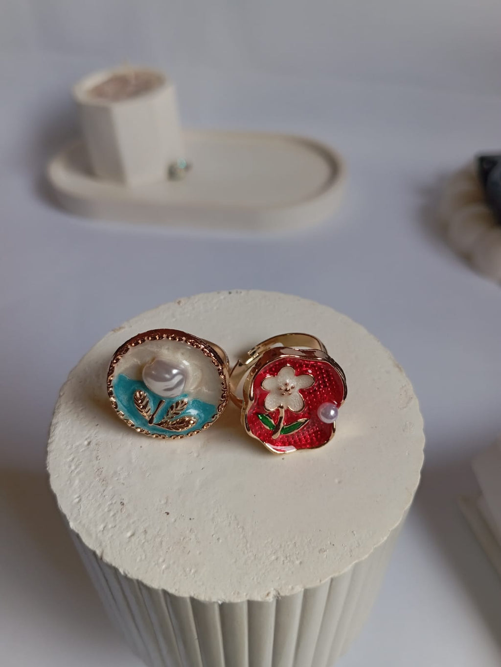Enamel Floral Adjustable Ring