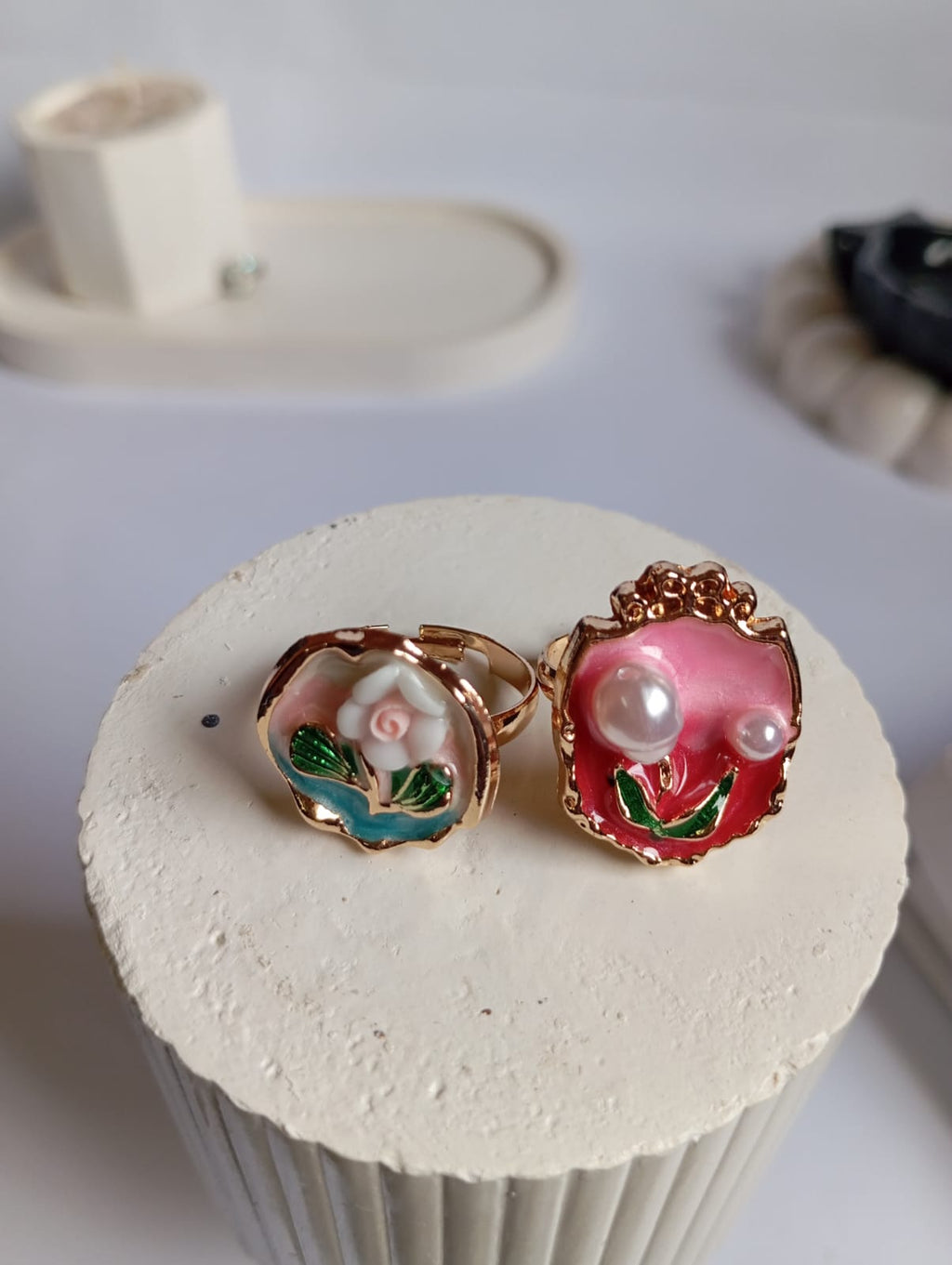 Enamel Floral Adjustable Ring